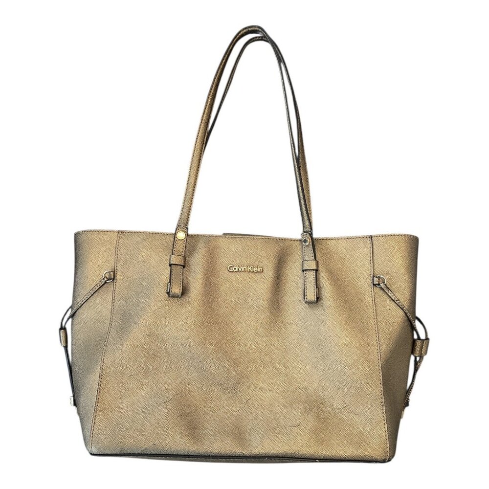 Calvin Klein Metallic Gold Saffiano Leather Tote Bag – 10 x 15 x 4 in – 10” Drop